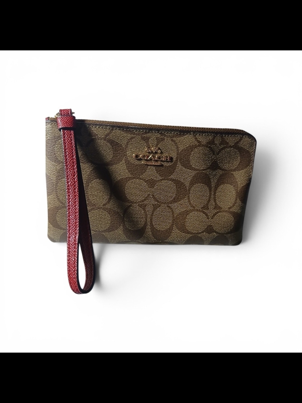 Coach Brown Signature Canvas Wristlet with Red Strap